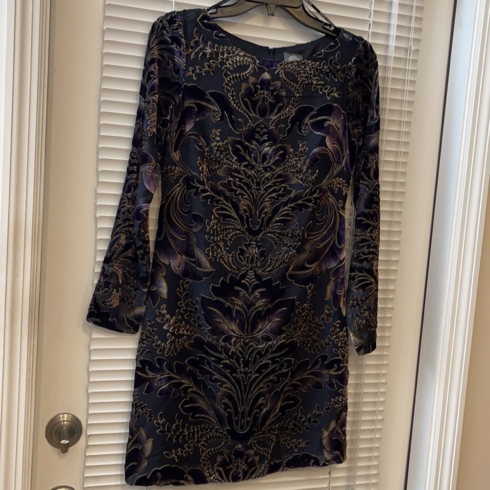 Vince Camuto Floral Velvet Applique Print Long Opaque Sleeve Lined Dress - New
